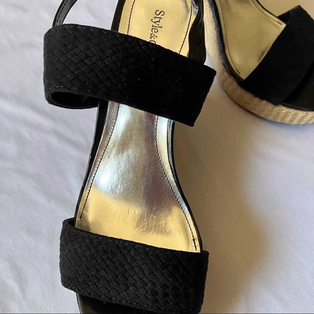 Style & Co. Black woven strap, sling back wedge heel,  Jute heel 4” Size 9 - Picture 2 of 8
